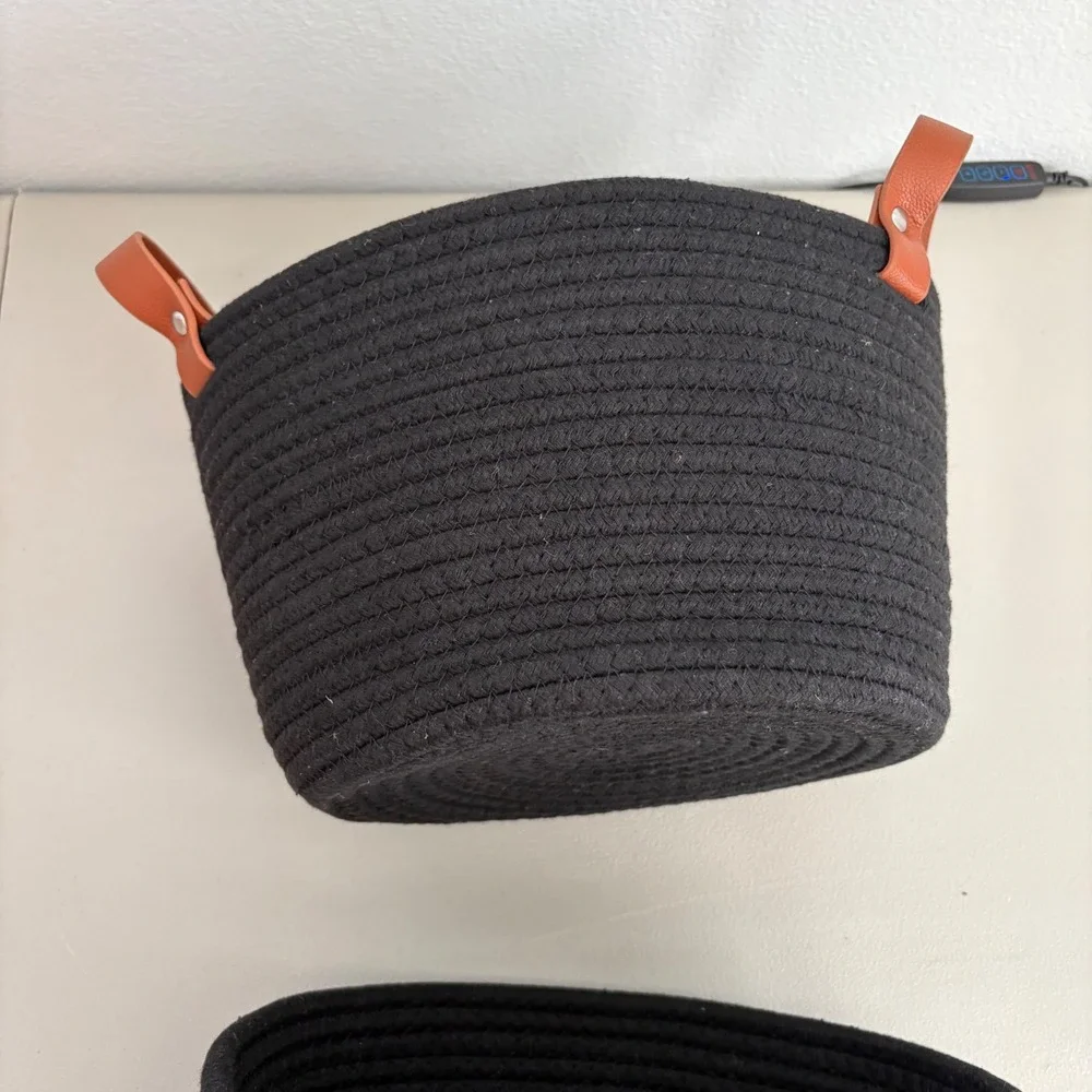 Set of 2 Black Woven Cotton Rope Baskets with Leather Handles Nested Storage